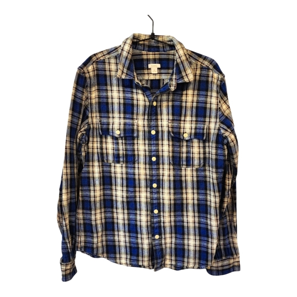 Fossil Heavyweight Flannel Shirt Men’s L Blue Beige Plaid Button-Down Cotton